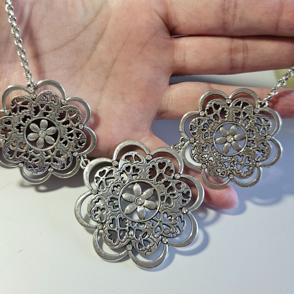Brighton Silver Plated 3 Large Flower Necklace Clear Accents 16-18" Comes W Bag